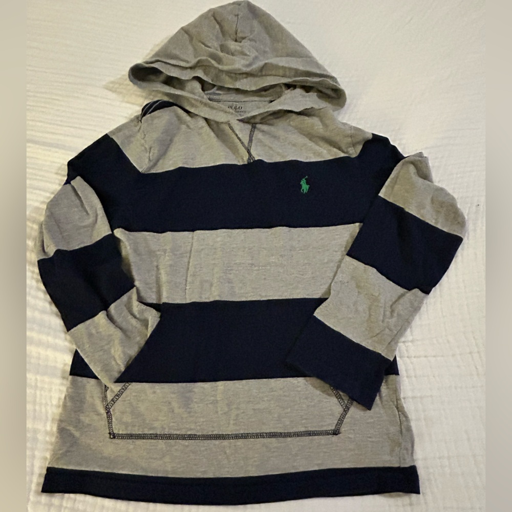Polo RALPH LAUREN Boys Long Sleeved striped jersey hooded hoodie tee sz M(10-12)